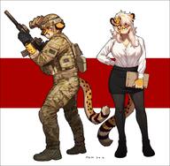 armor dress female gun helmet male military simple_background species:feline species:leopard species:mammal species:pantherine weapon // 2809x2747 // 572KB