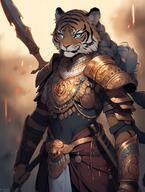 armor blue_eyes female grey_hair species:feline species:mammal species:tiger sword whiskers // 928x1232 // 1.6MB