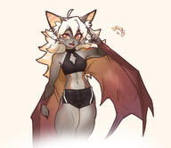 abs artist:dragonfu belly big_quadriceps chest_tuft ears fangs female fur grey_fur hands long_hair muscular open_mouth orange_eyes short_shorts shorts simple_background solo species:bat species:mammal sports_bra white_hair wings // 1200x1038 // 405KB