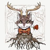 antlers bow brown_fur character:root ears flower forest male meta:anthro nametag roots rose simple_background soyjak.party soyjak.st species:cat species:domestic species:feline species:mammal unknown_artist white_background white_fur yellow_eyes // 1280x1280 // 1.1MB