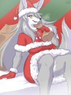 artist:coel blushing christmas coat ears female gloves grey_fur hat holding_object long_hair looking_at_viewer simple_background sitting solo species:canine species:mammal species:wolf // 1535x2048 // 2.4MB