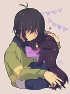 character:kris_(deltarune) character:susie_(deltarune) clothing copyright:deltarune female hugging male purple_skin species:human species:monster species:scalie // 956x1288 // 466KB