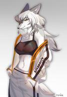 artist:nonoka917 belly ears female fluffy fur jacket long_hair looking_at_viewer neck_tuft orange_eyes pants simple_background smiling solo species:canine species:dog species:domestic species:mammal sports_bra tail tuft white_fur white_hair yellow_eyes // 1397x2000 // 210KB