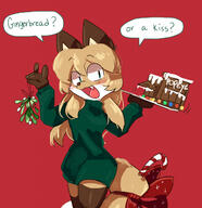 artist:fiddleafox brown_fur character:averi_(fiddleafox) dipstick_tail ears female gingerbread gloves_(marking) mistletoe socks_(marking) species:canine species:fox species:mammal tail white_fur // 1242x1280 // 237KB