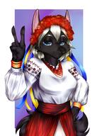 artist:aridreamer black_fur blue_eyes dress ears female flowers long_hair red_skirt simple_background skirt slavic solo species:canine species:mammal species:wolf tail ukrainian white_dress white_hair // 2500x3500 // 3.6MB