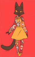 artist:greengrizz black_fur dress dress_decoration ears female fur looking_aside looking_away necktie orange_eyes shoes simple_background smiling solo species:cat species:domestic species:feline species:mammal tail // 1104x1787 // 2.1MB