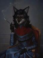 artist:Bra1nEater black_fur dress female looking_away sitting smoking solo species:canine species:mammal species:wolf // 960x1280 // 1.1MB