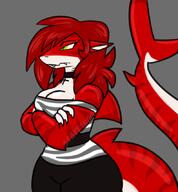 artist:starrtoon claws cross ears female green_eyes red_hair shark shark_fin shark_tail sharp_teeth simple_background starr_(starrtoon) tail zebra_shirt // 792x852 // 260KB