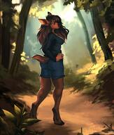 back_view brown_fur clothing female forest hooves long_hair long_sleeve_shirt nature outside shirt shorts solo species:deer tail // 1740x2048 // 294KB