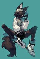 artist:shiiorina black_fur female holding_object jacket shoes shorts simple_background sitting solo species:cat species:domestic species:feline species:mammal telephone yellow_eyes // 831x1200 // 546KB