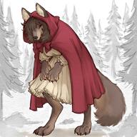 artist:tateoftot cape character:big_bad_wolf_(little_red_riding_hood) claws copyright:fairy_tale copyright:little_red_riding_hood dress feet female forest grey_fur hair meta:2023 outside paws red_cape solo species:canine species:mammal species:wolf tail tree trees white_dress // 2000x2000 // 434KB