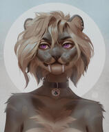 artist:mary_merkh character:falla collar ears fangs fluffy fur grey_fur looking_away medium_hair purple_eyes simple_background species:feline species:mammal species:saber-toothed_tiger striped_fur tuft white_fur white_hair // 1050x1280 // 220KB