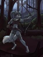 arrow artist:lichfang bow character:iruka_(lichfang) clothing dagger feet female forest hunting outside paws solo species:arctic_fox species:canine species:fox species:mammal tree trees weapon white_fur yellow_eyes // 1516x1967 // 2.3MB