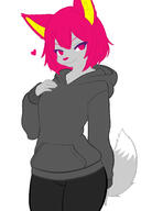 artist:thekitsuyt character:gure_(thekitsuyt) clothing ears eyes female grey_fur heart hoodie looking_at_viewer pants ping_hair short_hair simple_background smiling solo species:canine species:fox species:mammal tail // 1200x1800 // 168KB