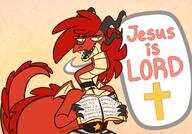 artist:starrtoon bible choker cross female green_eyes horns jesus long_neck necklace red_hair sharp_teeth simple_background species:dragon star starr_(starrtoon) tail zebra_shirt // 700x488 // 298KB