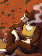 artist:sir_markuzs brick_wall brown_fur character:butch_animal_(flockdog) cigarette cup ears female fluffy fur gloves_(marking) heart jeans muscular orange_eyes sad_expression sitting smoke smoking socks_(marking) species:canine species:dog species:domestic species:mammal tank_top tuft white_fur // 1500x2000 // 525KB