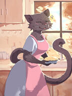 apron artist:humanoctopus black_fur cooking cupboard cups ears female happy holding_object inside kitchen pie pink_apron sink smiling solo species:cat species:domestic species:feline species:mammal sunlight tabletop tail whiskers window // 1667x2210 // 583KB