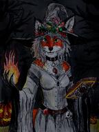 artist:isidia_f1 book dark female fire grey_dress halloween hat jack_o'_lantern meta:traditional_art meta:ukrainian_artist outside pumpkin red_fur silver_hair solo species:canine species:fox species:mammal white_fur witch // 3456x4608 // 1.1MB