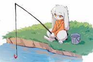 bucket ears fishing fishing_rod fluff grass lagomorph loppy_ears orange_clothing orange_eyes species:mammal species:rabbit water // 1214x812 // 619KB