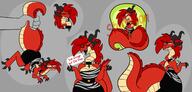 artist:starrtoon character:starr_(starrtoon) claws cross female grabbing_tail green_eyes horns long_neck looking_behind red_hair sharp_teeth simple_background species:dragon star tail wings zebra_shirt // 3000x1436 // 375KB