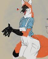 apron artist:smashmeat black_fur claws eyes_closed female fluffy fur hands hands_together laughing orange_fur simple_background smiling solo species:canine species:fox species:mammal tail white_fur // 1699x2093 // 735KB