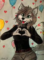 artist:isidia_f1 baloons belt black_sweater brown_hair clothing female green_eyes grey_fur hands heart leather_belt love meta:2023 meta:traditional_art meta:ukrainian_artist pants solo species:canine species:mammal species:wolf sweater tail white_fur // 763x1024 // 569KB