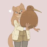 artist:ekaki510 beak blush blushing brown_eyes brown_fur brown_hair coat feathers female feral hug hugging long_hair love simple_background solo species:bird species:kiwi species:macropod species:mammal species:quokka tail // 850x850 // 339KB