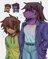 belt character:kris_(deltarune) character:susie_(deltarune) clothing copyright:deltarune female male purple_skin species:human species:monster species:scalie sweater // 1628x1999 // 346KB