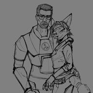 beard character:alyx_vance character:gordan_freeman character:krystal_(star_fox) copyright:half_life_2 copyright:valve ears female fingerless_gloves glasses hair_band hev_suit leather_jacket looking_at_viewer male simple_background species:canine species:fox species:human species:mammal tail utility_belt // 1080x1080 // 544KB