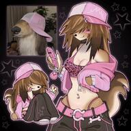 artist:vampkitty2001 belly bra brown_fur brown_hair female hat holding_object long_hair pants peace_sign phone piercing sitting smiling solo species:canine species:dog species:domestic species:mammal tail // 2048x2038 // 4.0MB