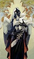 artist:nightcrow beak black_dress black_feathers blue_eyes character:virgin_mary christianity claws clothing dress feathered_wings feathers female head_cover hug hugging orange_eyes solo species:bird species:crane talons white_feathers wings // 1393x2427 // 6.7MB