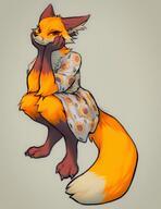 artist:falvie brown_eyes claws crouching dipstick_tail dress dress_decoration ears feet female fluffy fur gloves_(marking) looking_at_viewer neck_tuft orange_eyes orange_fur paws simple_background socks_(marking) solo species:canine species:fox species:mammal squatting tail tuft white_fur // 1583x2048 // 4.6MB