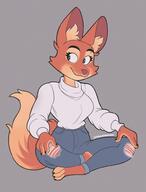 artist:spongebandimark character:diane_foxington clothing copyright:dreamworks copyright:the_bad_guys ears female meta:2022 orange_fur ripped_pants simple_background sitting species:canine species:fox species:mammal tail // 736x971 // 75KB