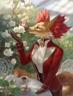 alsares_(artist) collar delphox_(pokemon) ears female flowers jacket nature pokemon_(copyright) table tail tea teapot // 850x1122 // 189KB