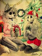 artist:isidia_f1 blue_eyes christmas clothing decorations female fire gift holding_object jacket meta:2023 meta:traditional_art meta:ukrainian_artist skirt species:canine species:mammal species:wolf sunglasses tree // 760x1024 // 248KB