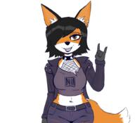 artist:spacedimsum black_hair brown_eyes copyright:nine_inch_nails female fishnet fur gloves goth hand jacket jeans leather_jacket meta:unknown_artist orange_fur piercing punk raised_arm short_hair smiling solo species:canine species:fox species:mammal tail tuft white_fur // 1000x909 // 349KB