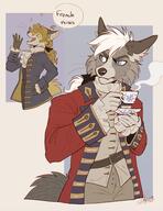 artist:tatujapa british_(lore) drinking ear french_(lore) male simple_background species:canine species:fox species:mammal species:wolf tail tea // 2600x3381 // 507KB