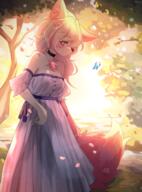 blonde_hair butterfly character:yoki_j_(yj) chest_tuft dress ears female forest long_hair looking_aside nature orange_eyes orange_fur outside solo species:canine species:fox species:mammal tail tuft white_fur // 2000x2698 // 11MB