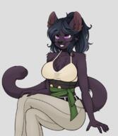 artist:invz black_fur black_hair bra character:chernota chest_tuft clothing ears eyes female fluffy fur hands jeans legs_crossed long_hair pants simple_background sitting smiling solo species:feline species:mammal species:pantherine tail teeth tuft // 1790x2058 // 2.2MB